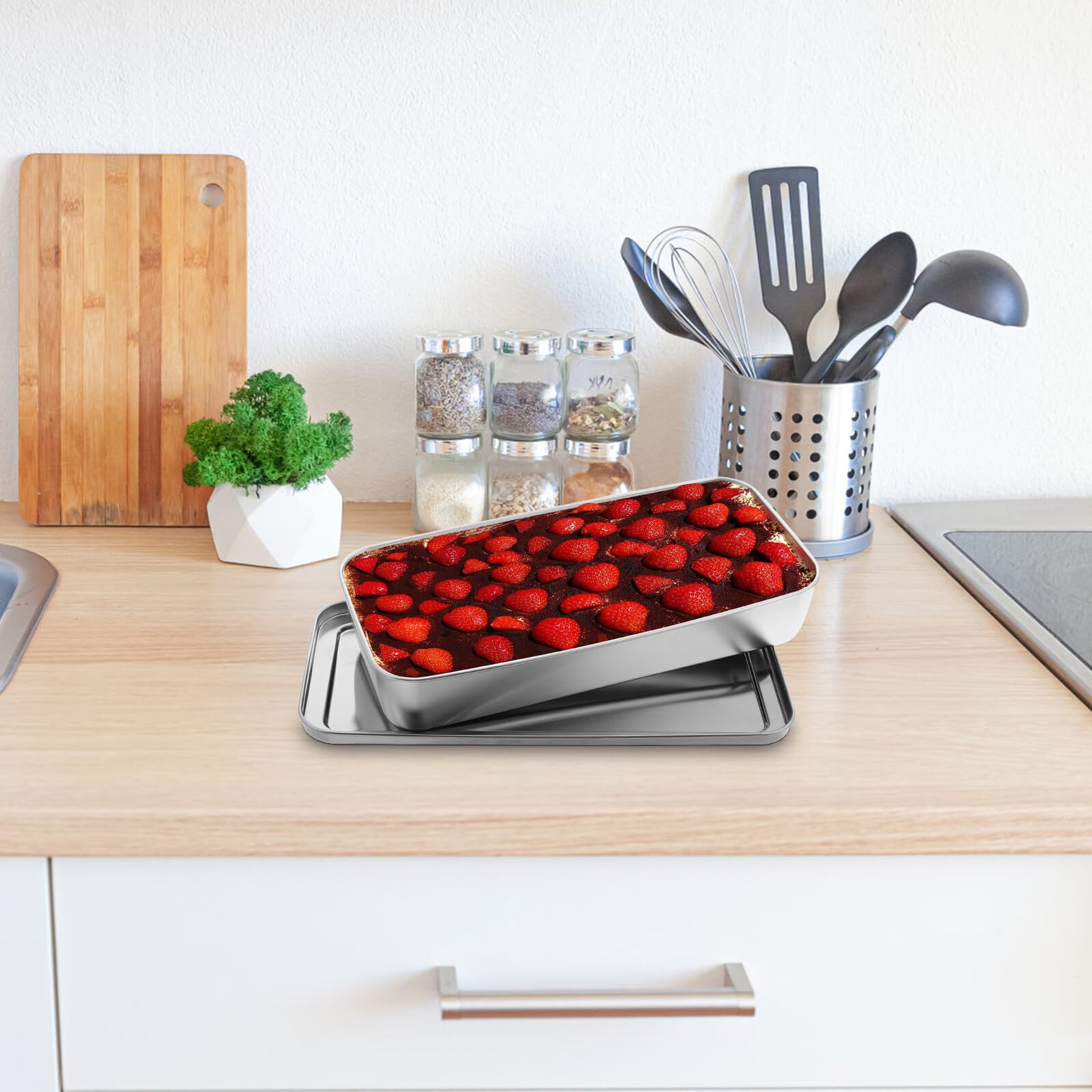 BESPORTBLE Teglia Rettangolare in Acciaio Inossidabile 33X155X6 CM con Coperchio Contenitore per Dolci e Tiramisù Teglia da Forno Antiaderente per Cottura Conservazione e Servizio in
