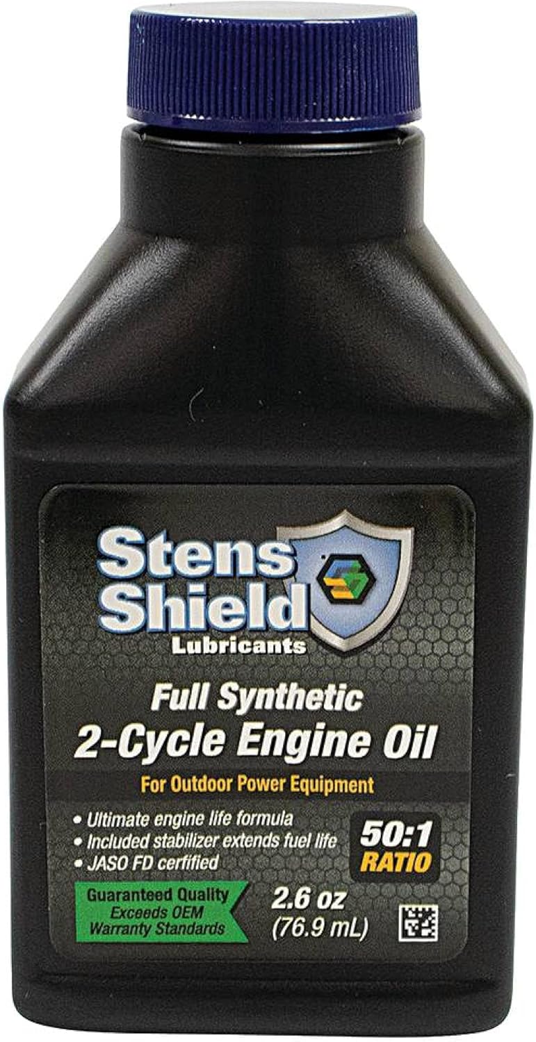 Stens Shield 2 Cycle Engine Oil 770-264, Full Synthetic 2 Stroke Oil, Engine Oil for Outdoor Power Equipment, Twenty-Four 2.6 oz. Bottles/case, 1 Bottle Makes 1 Gallon of 50 to 1 Fuel Mix, Blue Oil