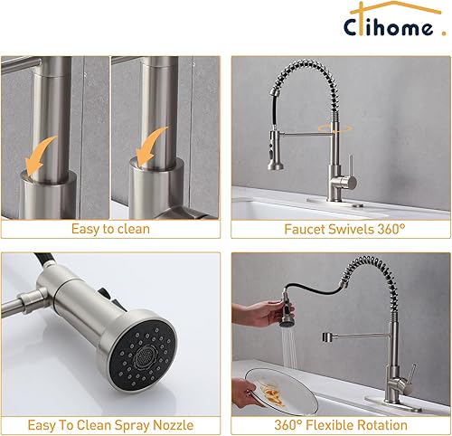 Miniatura 4 de Clihome Grifo de fregadero de cocina de níquel cepillado con rociador extraíble, grifo de fregadero de una sola manija, grifo de cocina RV con placa
