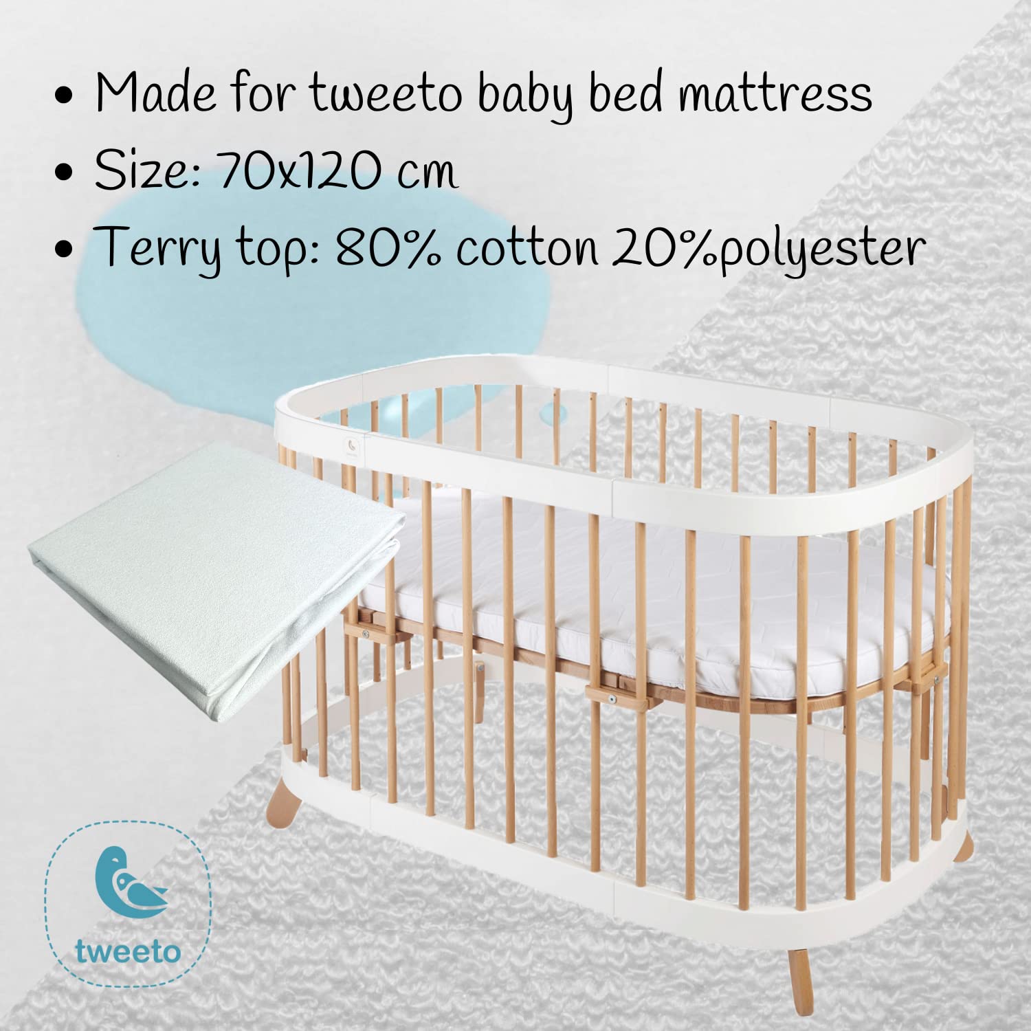 Tweeto® - Coprimaterasso per lettino 7 in 1, impermeabile, in spugna di cotone (70 x 120 cm)