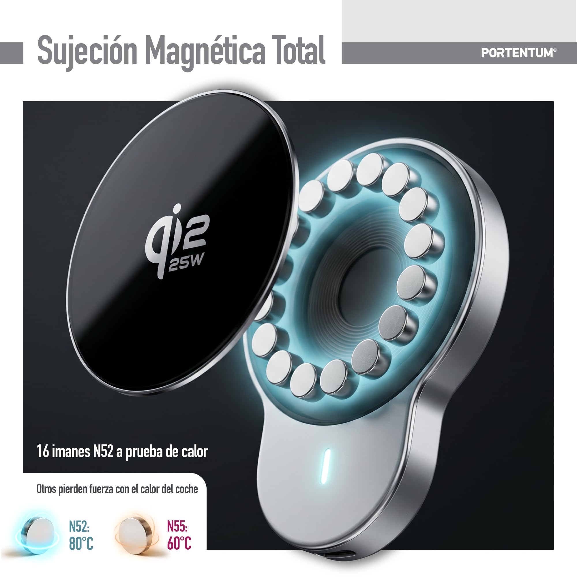 PORTENTUM Cargador inalambrico Coche Qi2.2 25W Certificado en 2026 – Refrigeración Activa – Potentes imanes N52 – Soporte magnetico movil Coche y Cable USB-C 60W – Compatible con MagSafe, iPhone y Qi