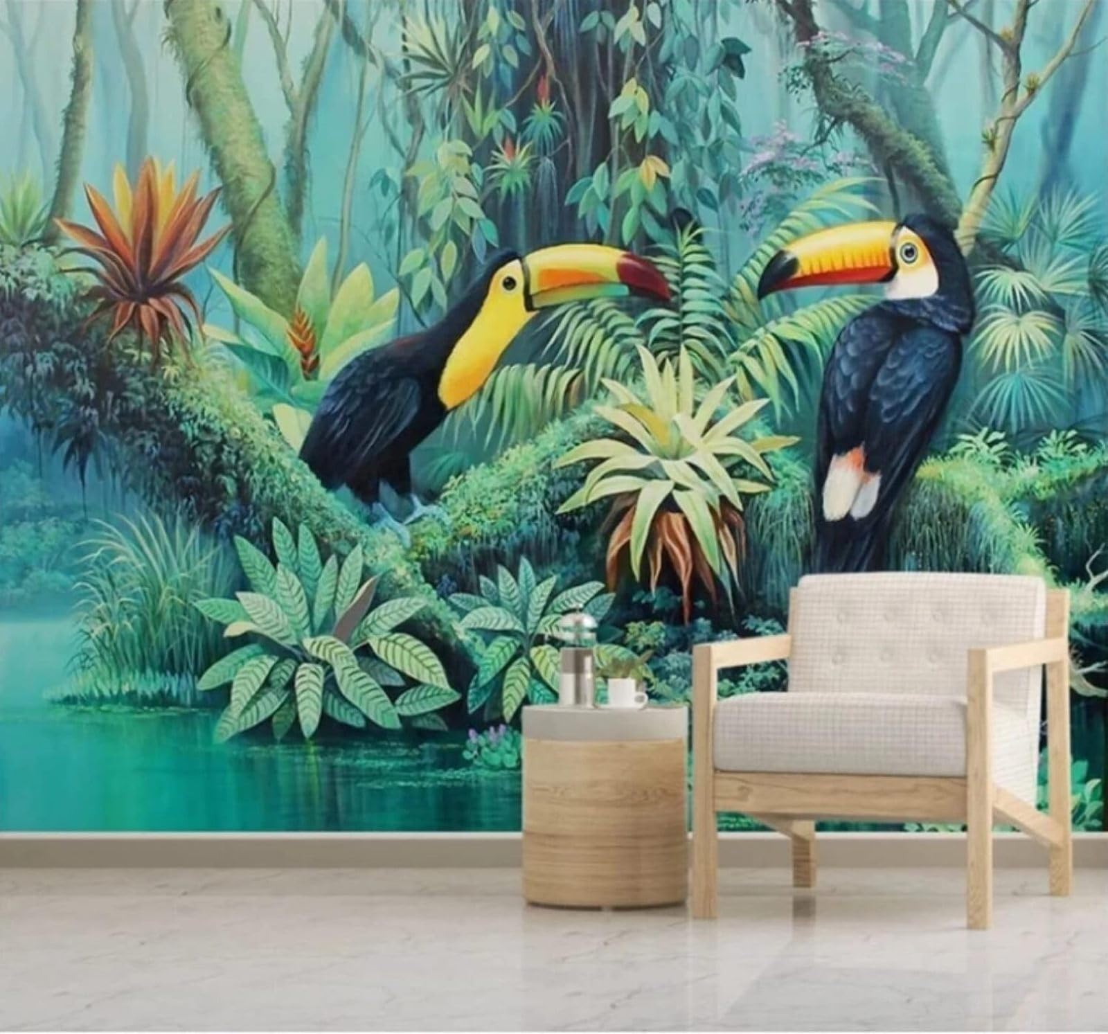 XLMING Hand Drawn Green Fresh Forest Toucan 3D Wallpaper Luxury Home Dining Decor Paste Sofa Living Room The Wall for Bedroom Mural-300cm×210cm