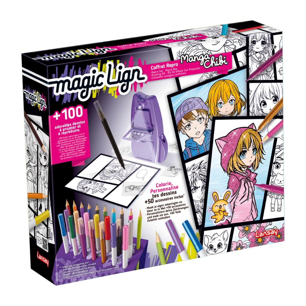 Lansay - MANGA CHIBI - Magic Lign - Coffret Reproduction - Plus de 100 Illustrations à Projeter et Dessiner - Adorables Personnages Manga - Apprendre à Dessiner - Activité Créative - Dès 7 Ans
