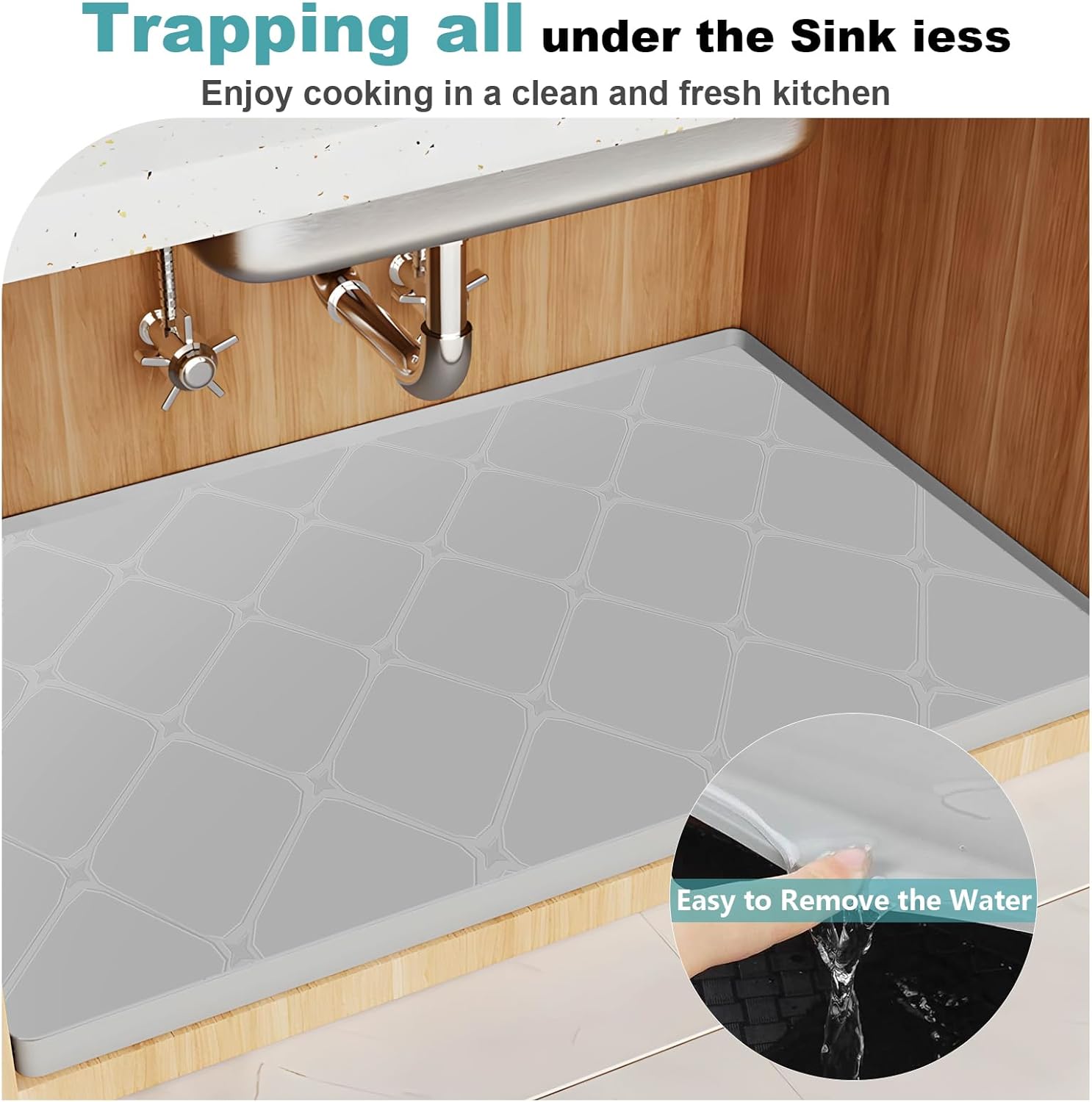 Under Sink Mat, 25" x 19" Inch Leak-Proof Silicone Sink Mat, Non-Slip Cabinet Liner & Counter Protector for Kitchen Bathroom, Waterproof Heat Resistant Easy to Clean.