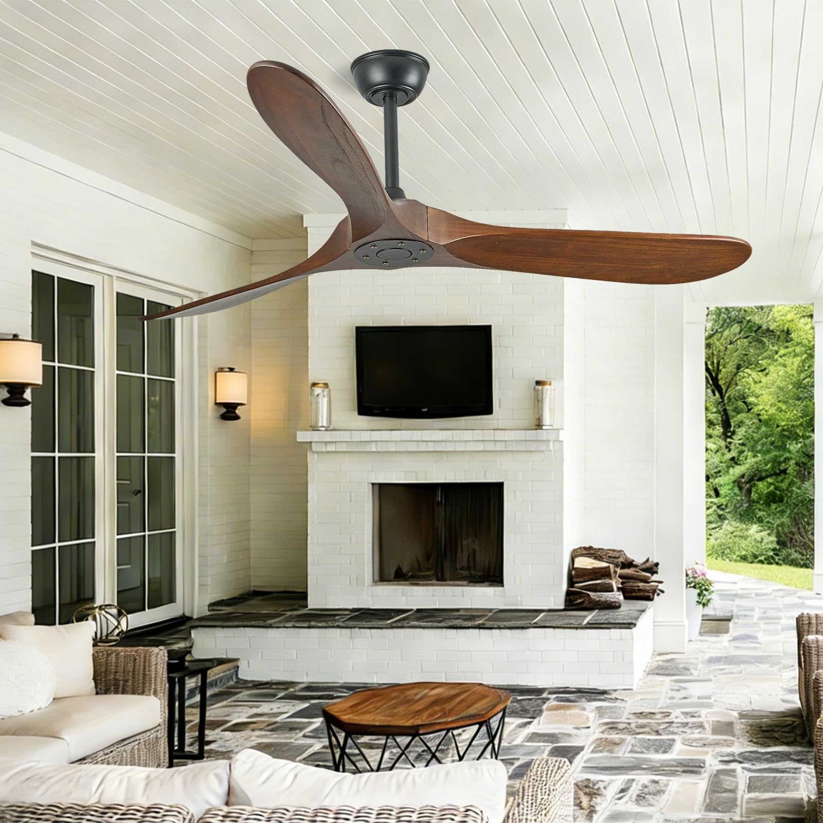 60 Inch Wood Ceiling Fan No Light, 60" Solid Outdoor Ceiling Fans Without Light,Remote Control,3 Blades,6 Speeds,Quiet Reversible DC Motor for Living Room Bedroom Farmhouse Patio Porch,ETL Listed