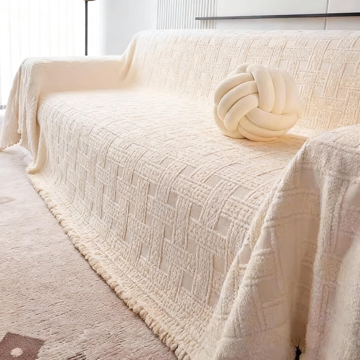 Tapis de Canapé pour Les 4 Saisons,Protection de Canapé pour Chien,Couvre Jeté de Sofa 1 2 3 4 Places,Housse D'Assise AntidéRapante et Douce(C3 White,180x460cm)