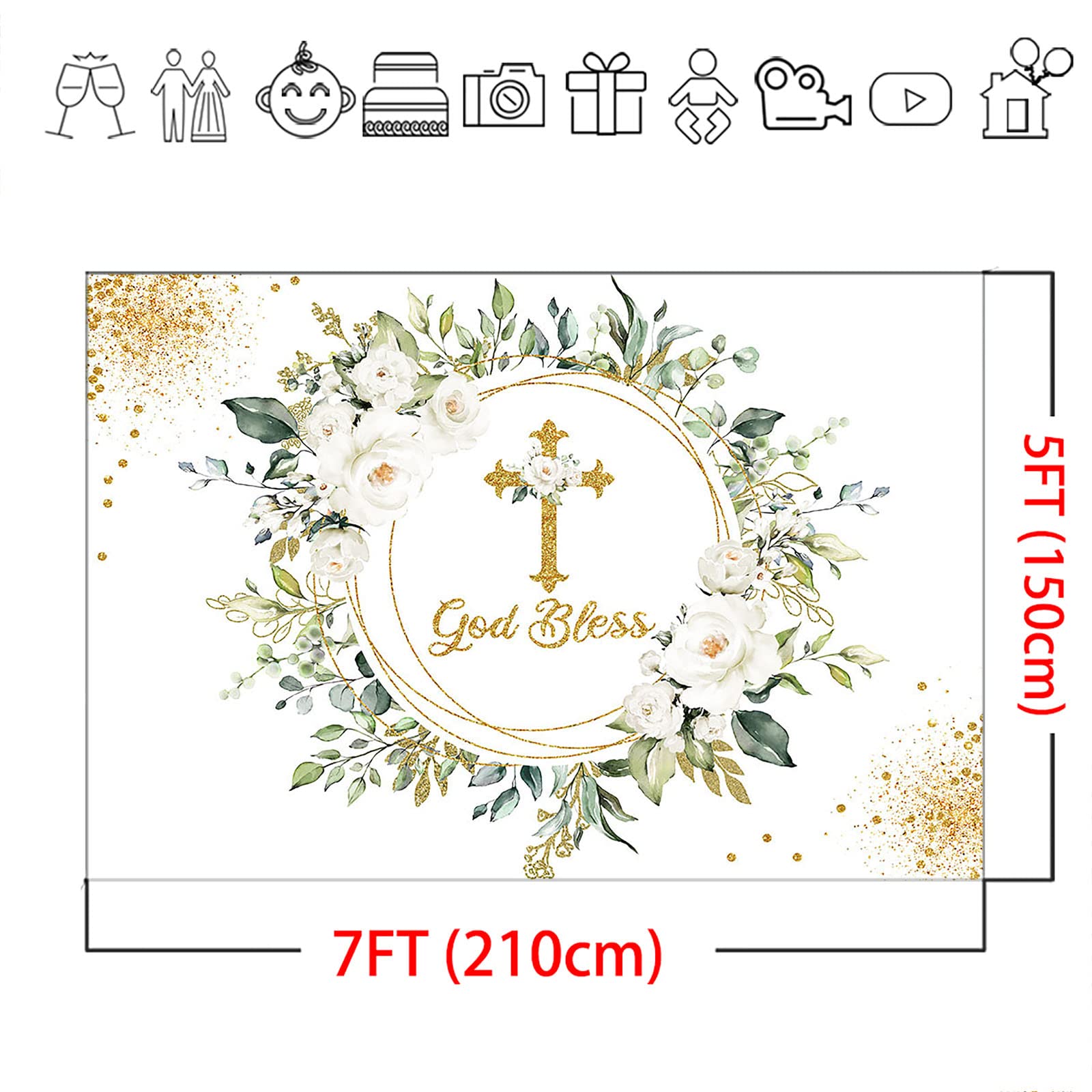 Sfondo Fotografico Per Prima Comunione 2,1x1,5 M - Tema Religioso Con Croce E Farfalle - Decorazione Festa Battesimo E Baby Shower