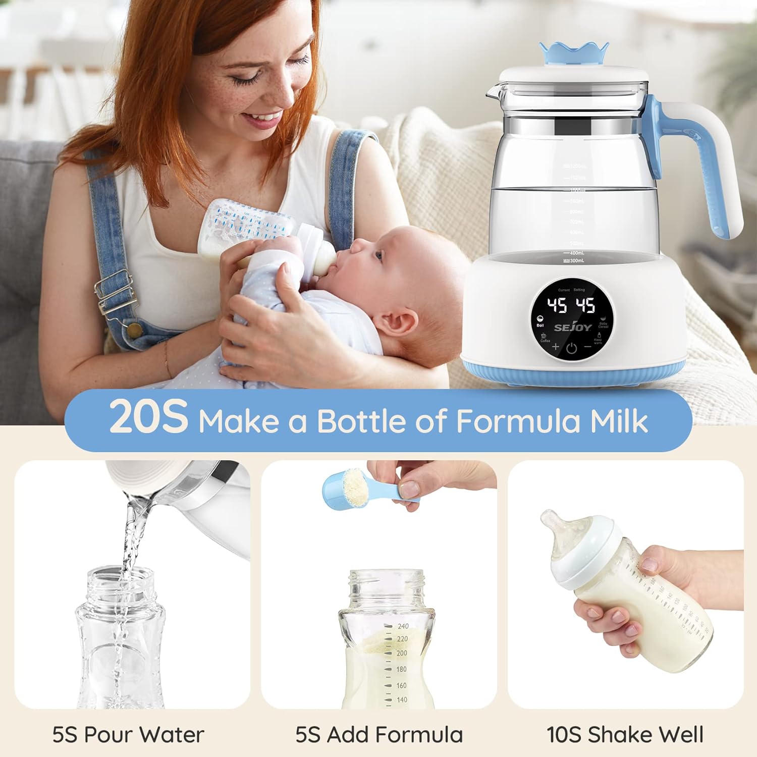 Steps for making a baby formula bottle with Sejoy kettle