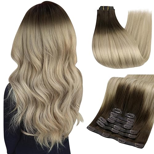 Full Shine - Extensiones de cabello humano con clip, trama de poliuretano, rubio ombré, color castaño oscuro a reflejos rubios, sin costuras, para