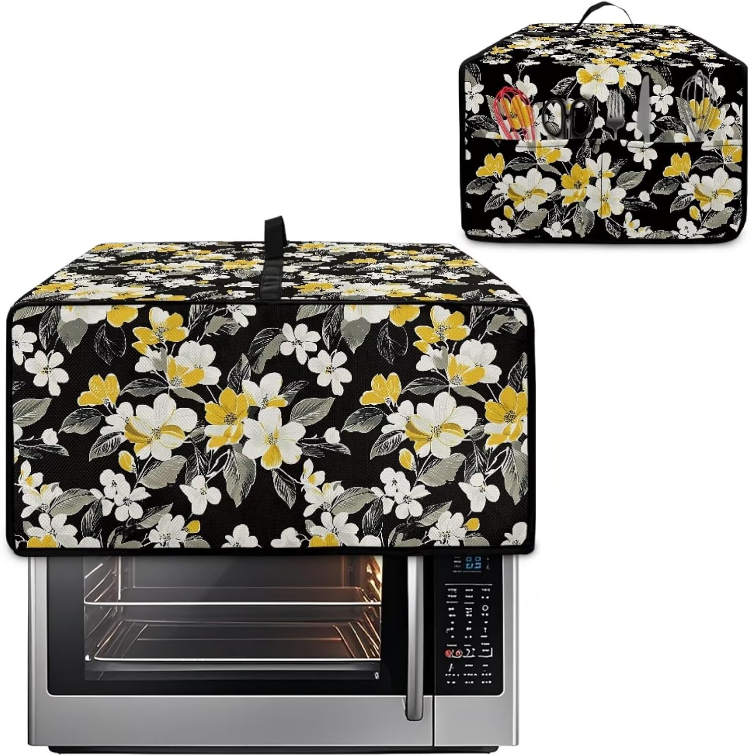 Flower Print Toaster Oven Dust Cover Heat-Resistant Case Protection for Toaster Oven, Heavy Duty Cover Fits Most Small Appliance, Easy to Clean (Medium-16.1 * 19.71 * 10 inches, Black)