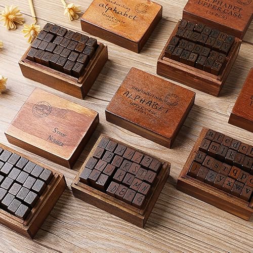 Miniatura 5 de DIYOMR Sellos de letras vintage sellos de goma de madera juego de 26 sellos del alfabeto con caja de madera vintage roja vieja para hacer tarjetas