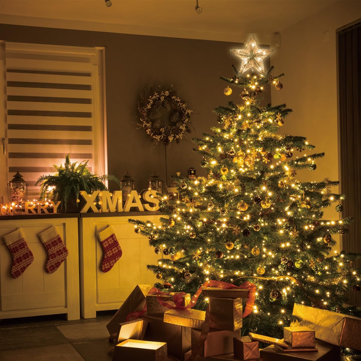 LAMPHOME 11" 10L Lighted Gold Glitter Thread Christmas Star Tree Topper ,Lighted Star Tree Topper, Gold Tinsel Wired Design,Warm White - Image 2