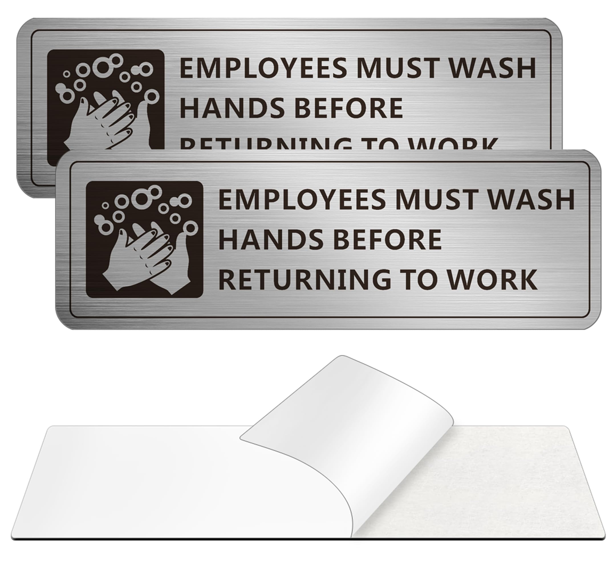 Employees Must Wash Hands Sign, (2 Pack) Self-Adhesive Metal Signage for Office Bathroom, 7 x 2 Inch Waterproof Aluminum Signs for Indoor Outdoor Use