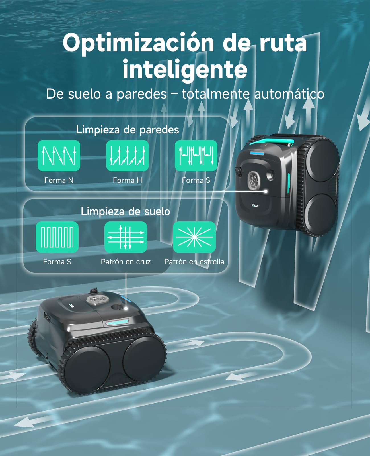WYBOT C2 Limpiafondos Piscina Robot Inalámbrico, 3 Motores, Doble Filtración, Limpieza Paredes y Línea de Agua, Autonomía 180 Min, para Piscinas Enterradas hasta 150㎡, App(Verde carbón-Gris)
