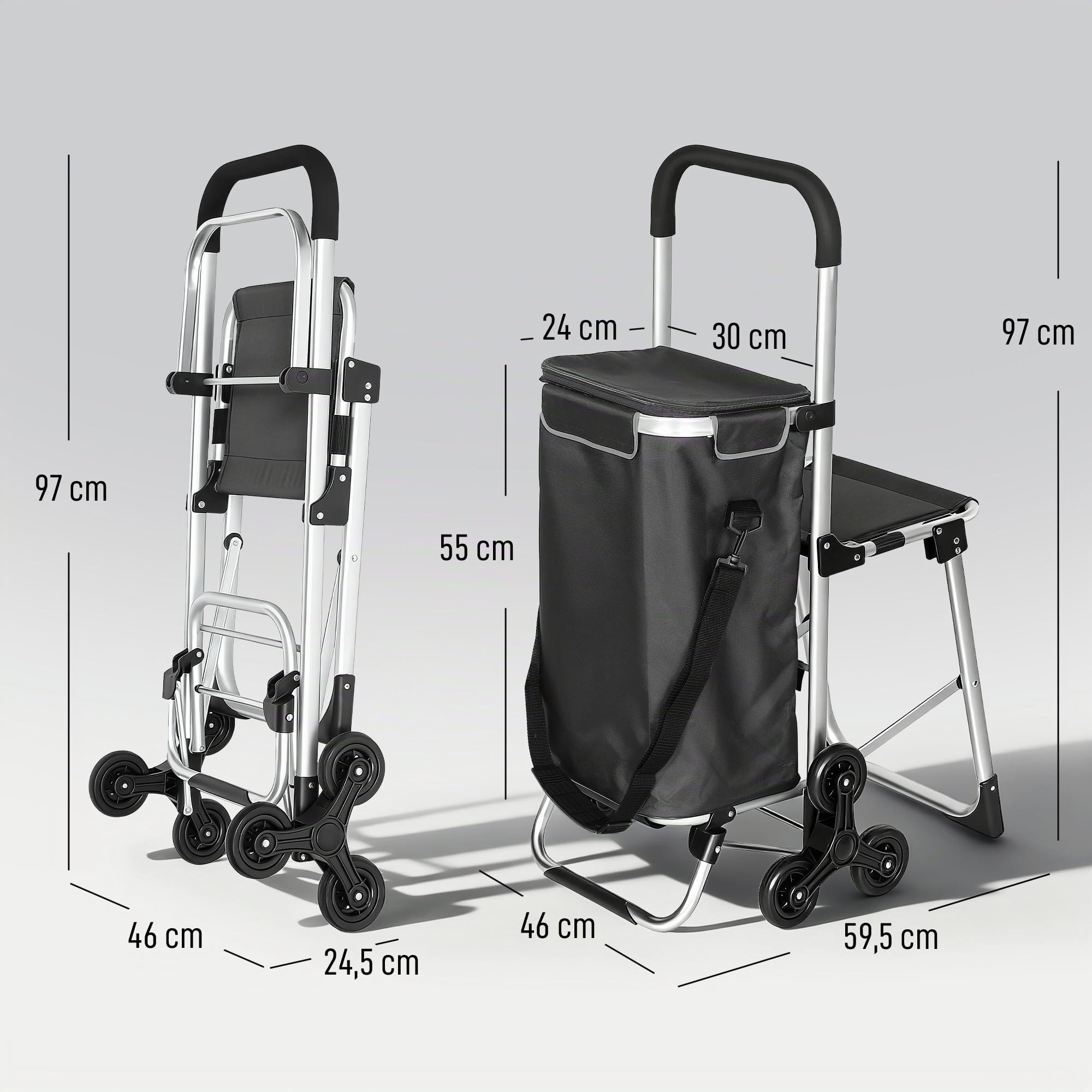 HOMCOM 3-in-1 Einkaufstrolley Klappbar mit Sitz 40L Kapazität Duneklgrau