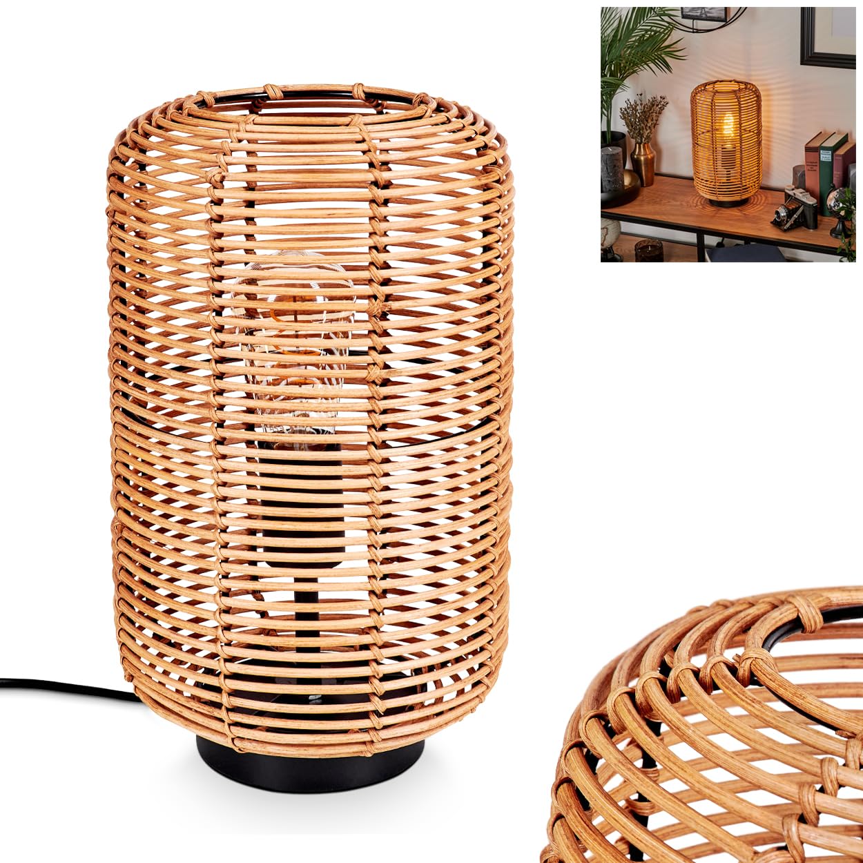 Tischleuchte Mulstrand, moderne Boho Tischlampe aus Metall/Rattan in Schwarz/Natur, Nachttischlampe mit Schirm in Gitter-Optik, An-/Ausschalter am Kabel und Lichteffekt, 1 x E27, ohne Leuchtmittel