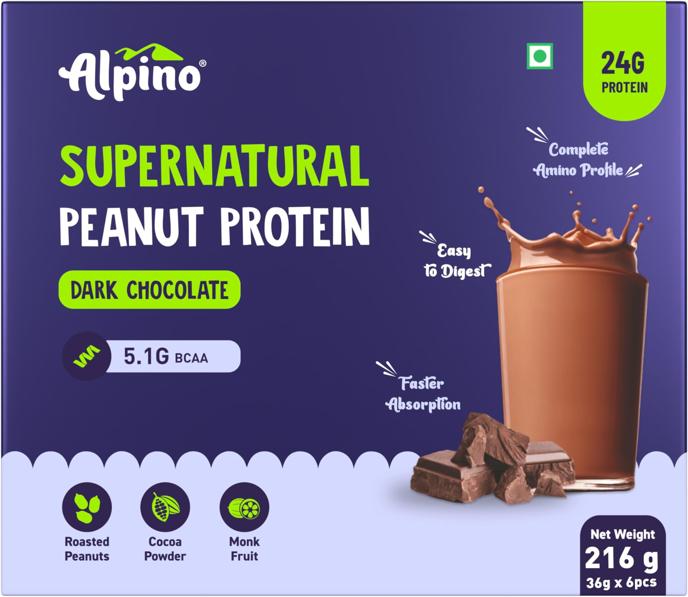Alpino Supernatural Peanut Protein Powder Dark Chocolate 216g (6 Day Trial Pack) - 100% Plant-Based, High-Performance Protein - 24g Protein, 5.1g BCAAs, No Added Sugar
