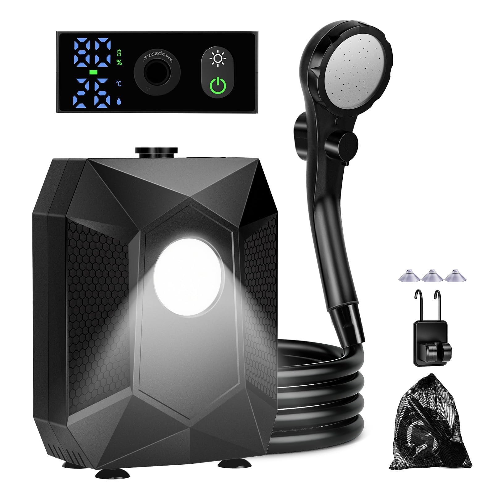 Doccia da Campeggio,6000 mAh Doccia Portatile Ricaricabile,Con luce notturna，Doccia Campeggio,con Doccia Filtrabile, Display Intelligente a LED,Doccia Esterna per Campeggio, Escursionismo, Auto