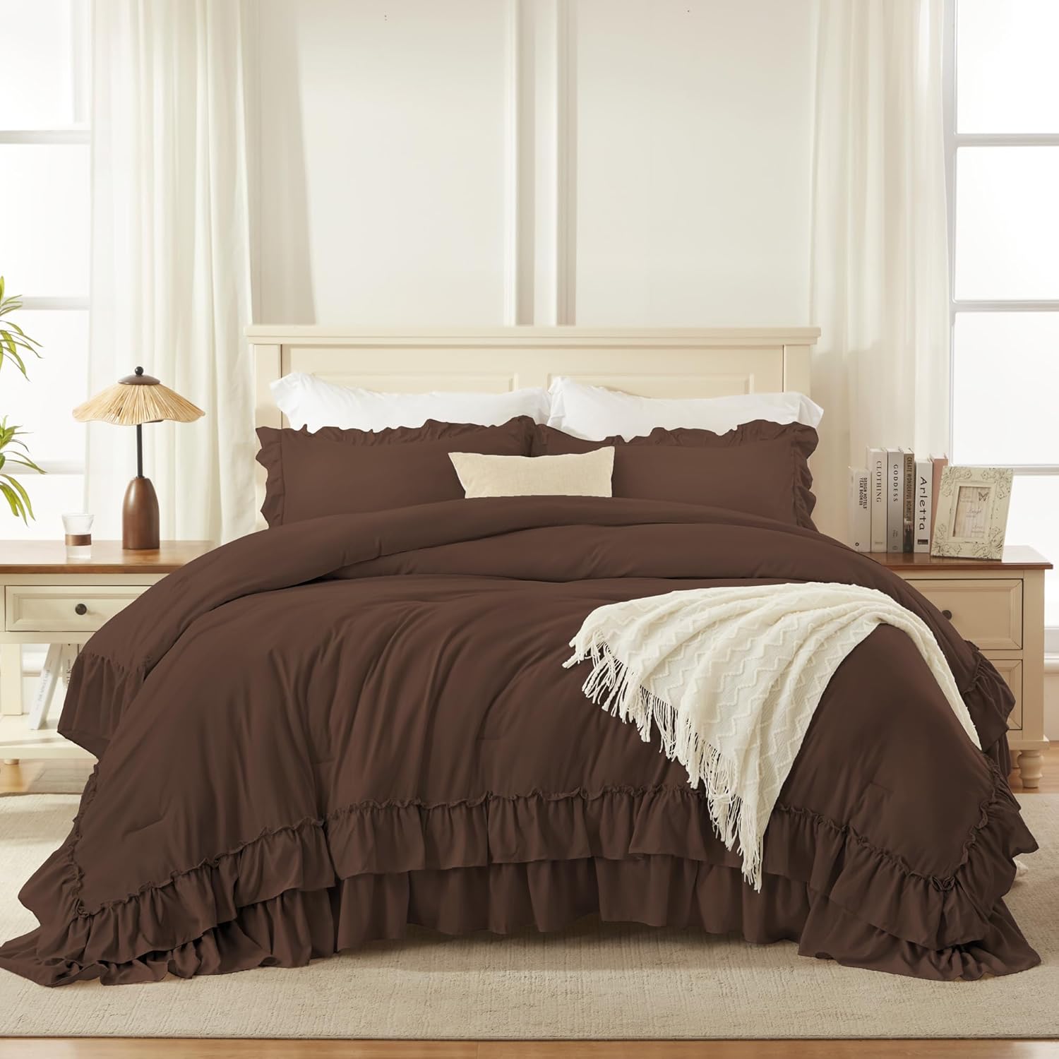 Andency Brown King Comforter Set (104x90Inch), 3 Pieces Ruffle Comforter Set with 2 Pillowcases, Farmhouse Shabby Chic Lightweight Fluffy Soft All Season Bed Set - Image 2