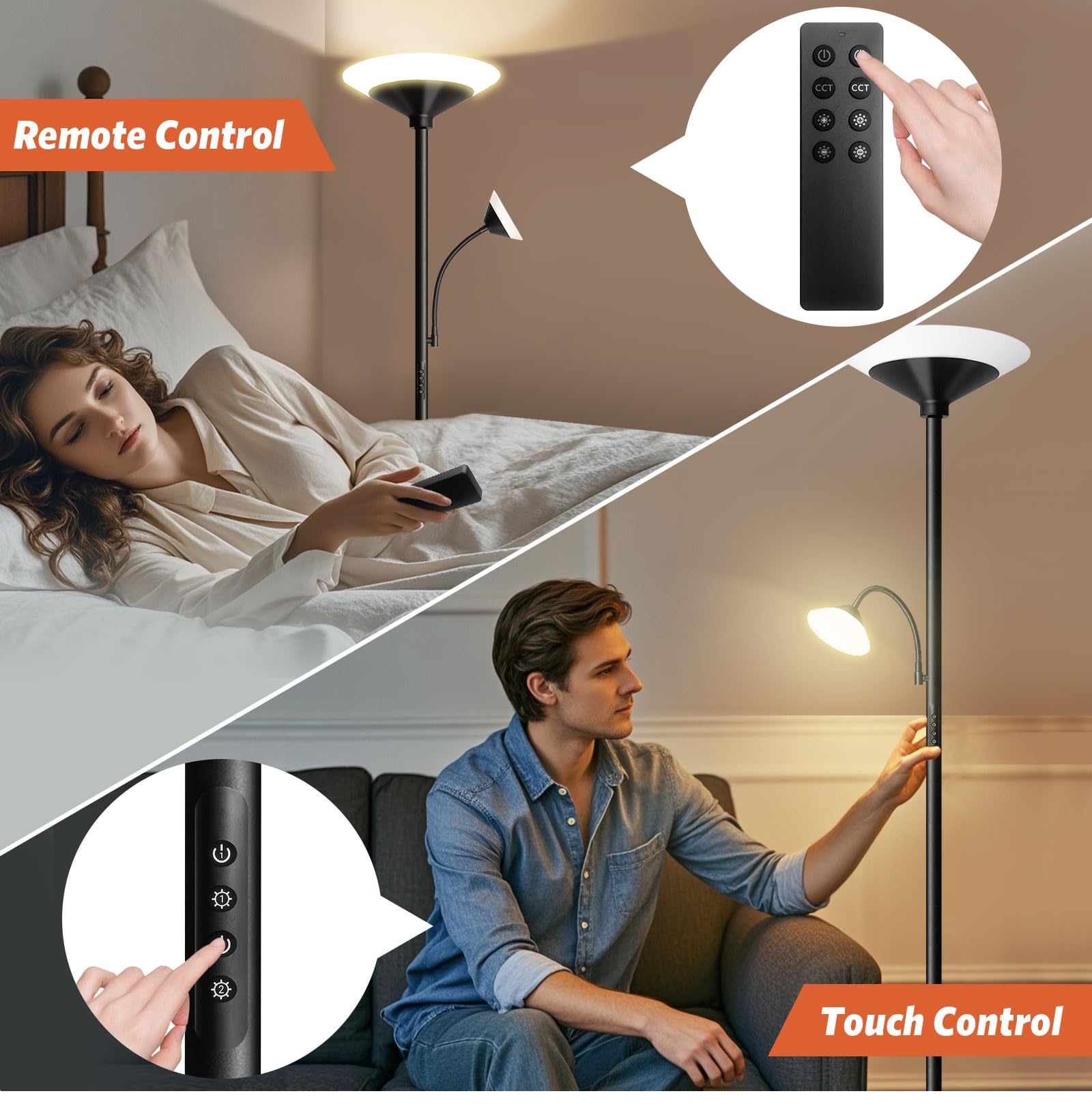 BBHome Lámpara de Pie Salón LED 27W Regulable con Lámpara de Lectura 6W, Lámpara de Pie Moderna con Mando a Distancia y Táctil para Salón, Dormitorio, Oficina