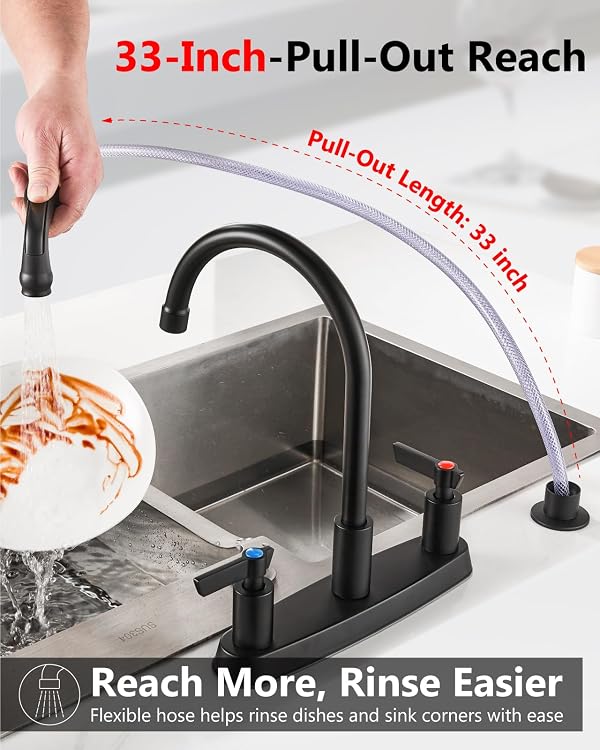 Kitchen Faucet with Side Sprayer, 8 Inch Centerset 4-Hole Black by GBBNE - Used condition - Image 2