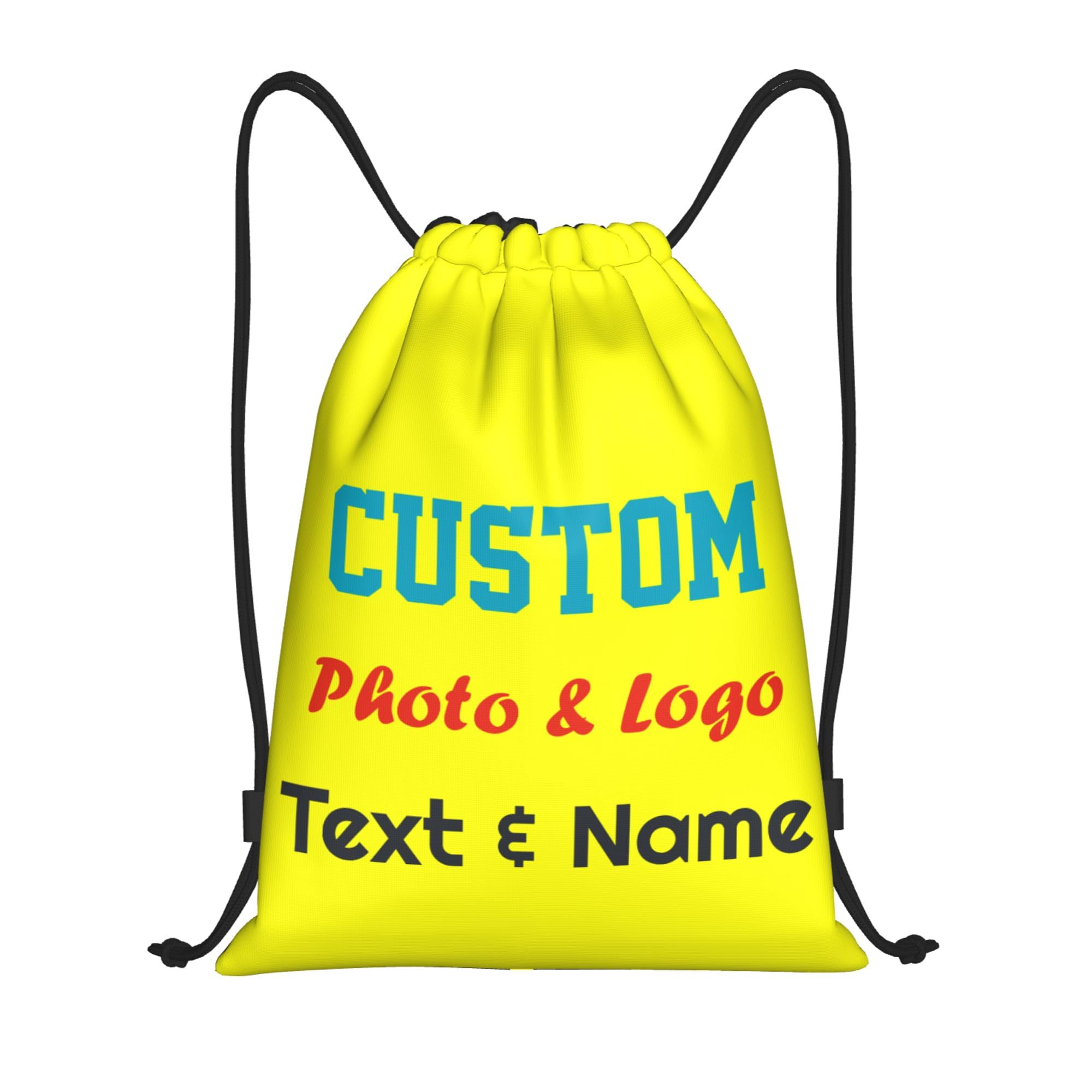 Personalised Drawstring Bag Custom Drawstring Backpack with Your Own Photo/Logo/Text/Name, Design Drawstring Gym Swimming Yoga Bag for Adults, Customised Knapsack for Sports Business, Yellow, L