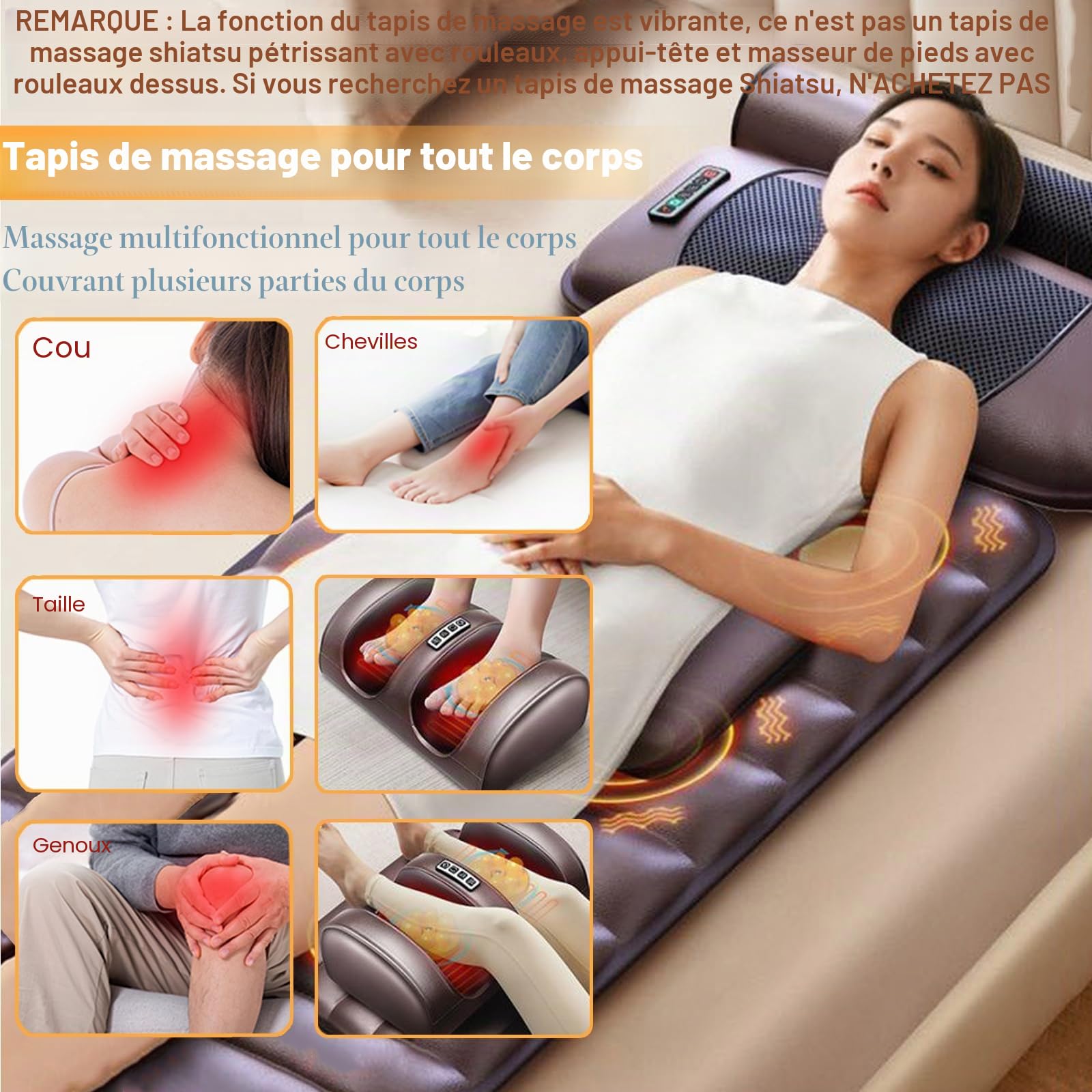 Coussin de massage dorsal avec fonction chauffante, 9 modes de massage, mode vitesse avec masseur de cou amovible et masseur multifonction pour les jambes et les pieds pour la maison et le bureau