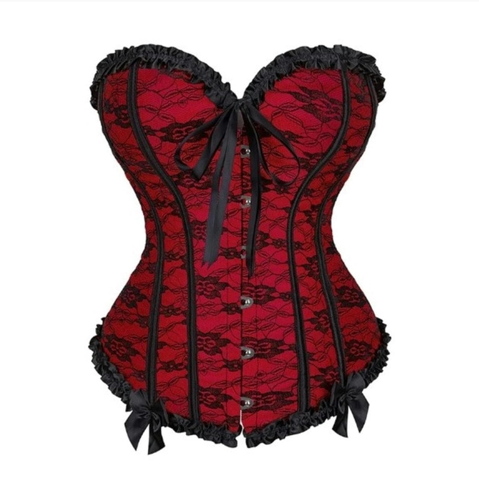 Ayazer Women's 815Red Victorian Floral Overbust Corset Dress Vintage Lace Corset Top Burlesque Bustier Lingerie Gothic Asymmetrical Tutu Skirt-S