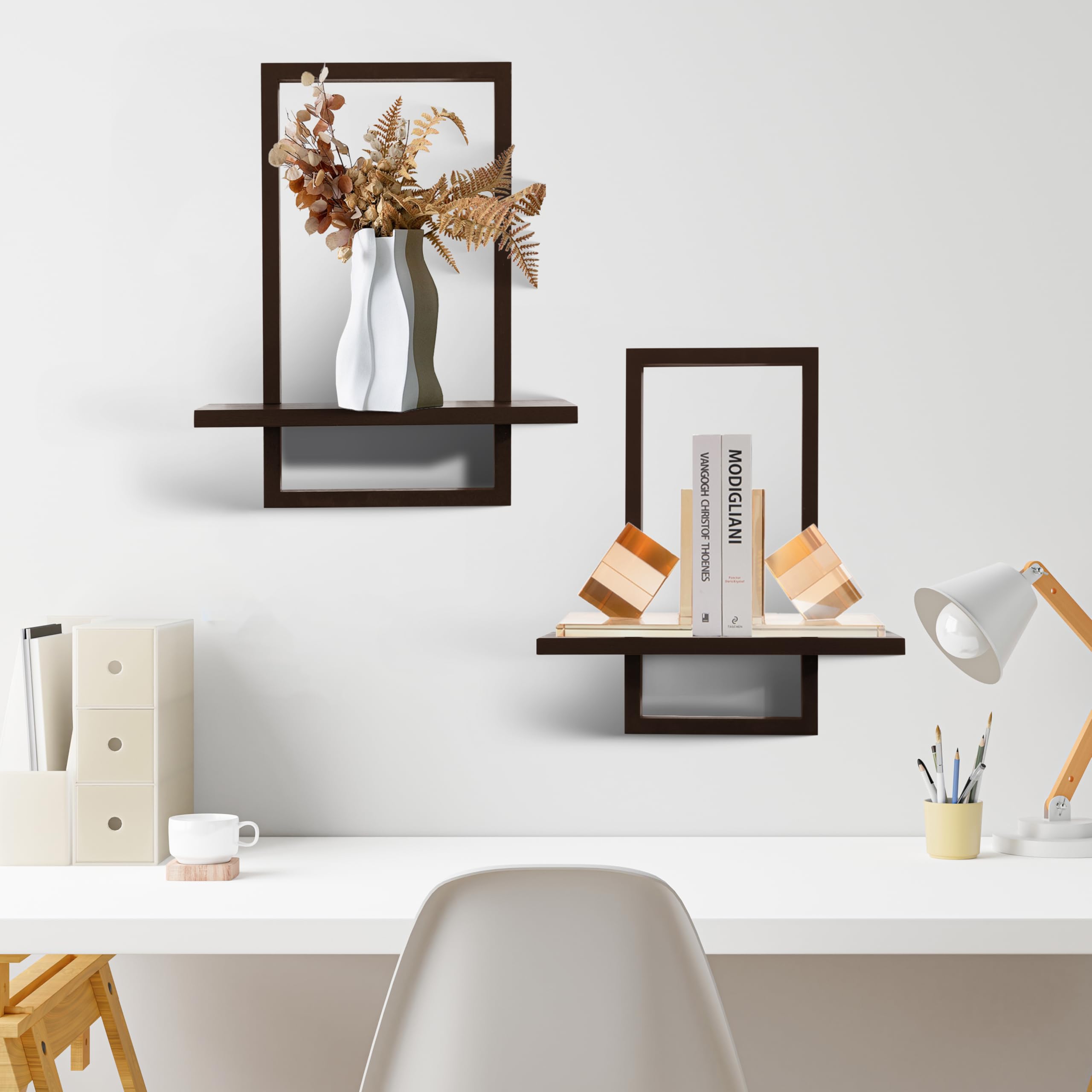 PHOENANCEE Oak Frame, Floating Shelves for Wall Square Storage Shelf for Living Room Bedroom, L+S, Set of 2, Walnut - Image 2