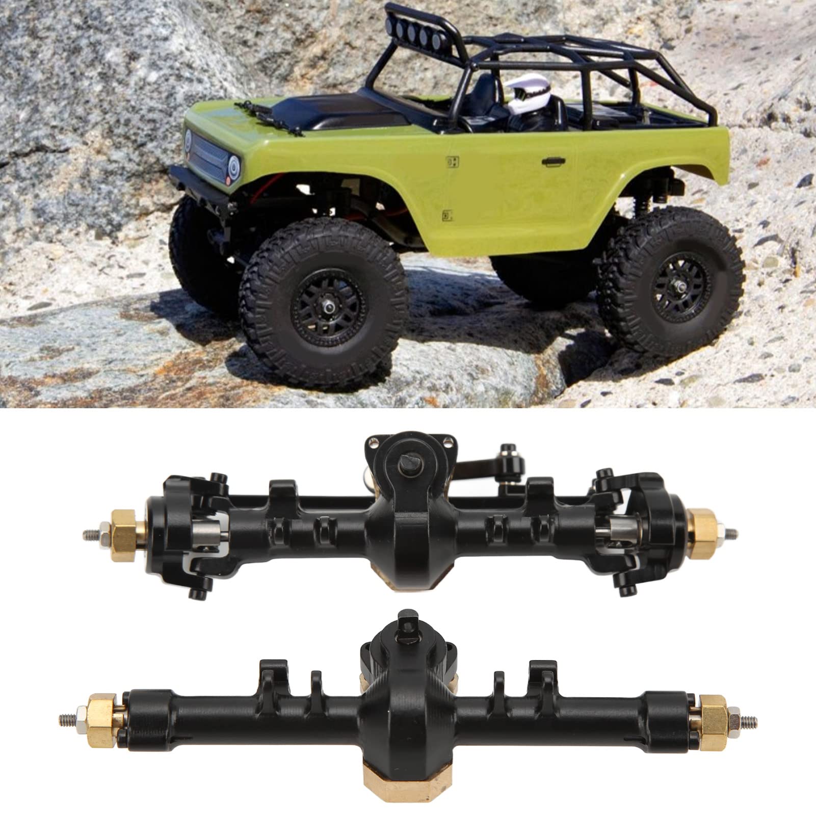 Metalowy zespół Osi Przedniej i Tylnej RC, Części Zamienne ze Stopu Aluminium z Mosiądzu do Samochodu Axial SCX24 1/24 RC, Przednia Tylna oś ze Stopu Aluminium, Akcesoria do Części (BLACK)