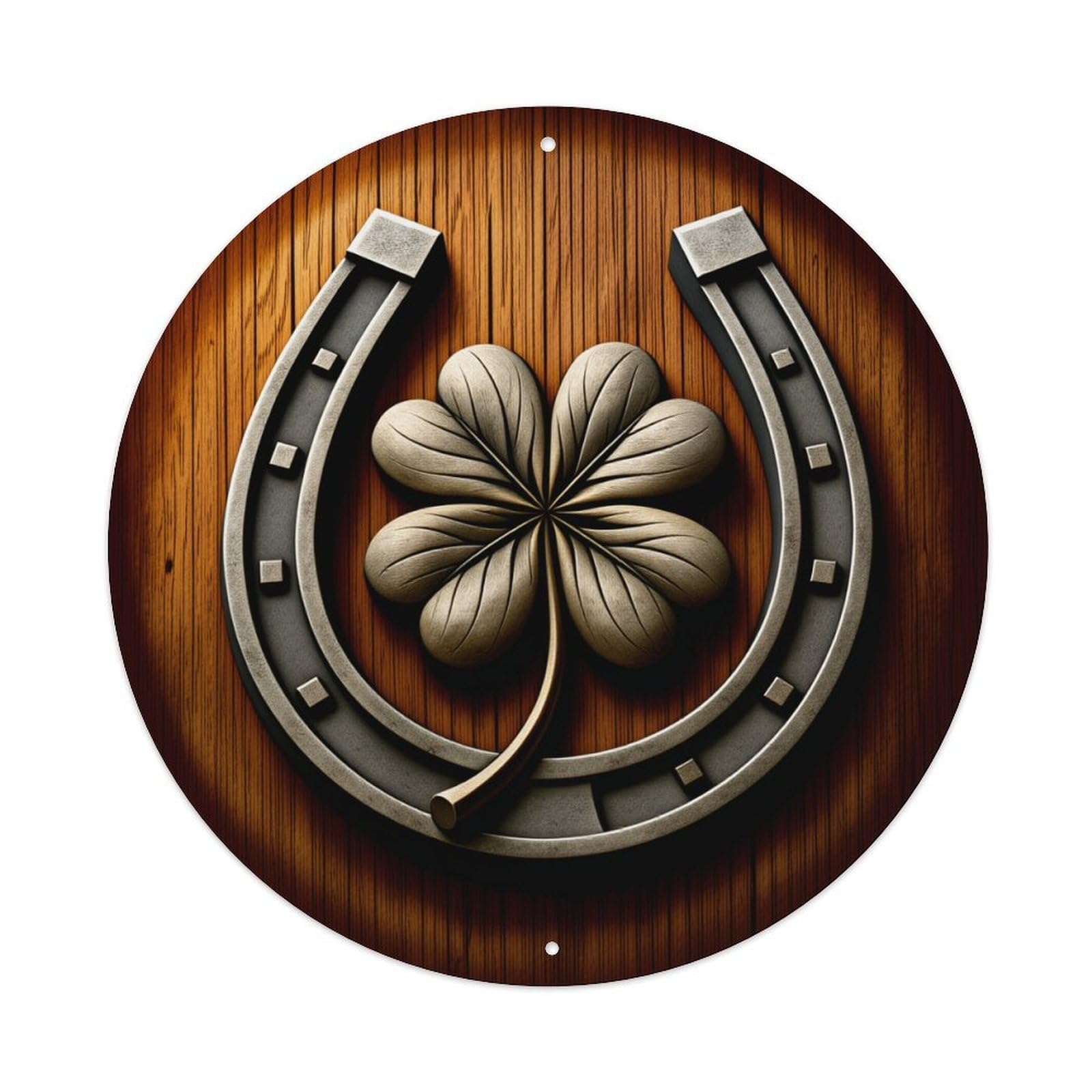 Horseshoe Clover Wood Background Symbol Luck Charm Design Pattern Round Vintage Tin Sign,Retro Wall Art,Metal Poster for Home, Bar, Garage, Cafe, Rustic Indoor & Outdoor Decor, 8x8 Inches