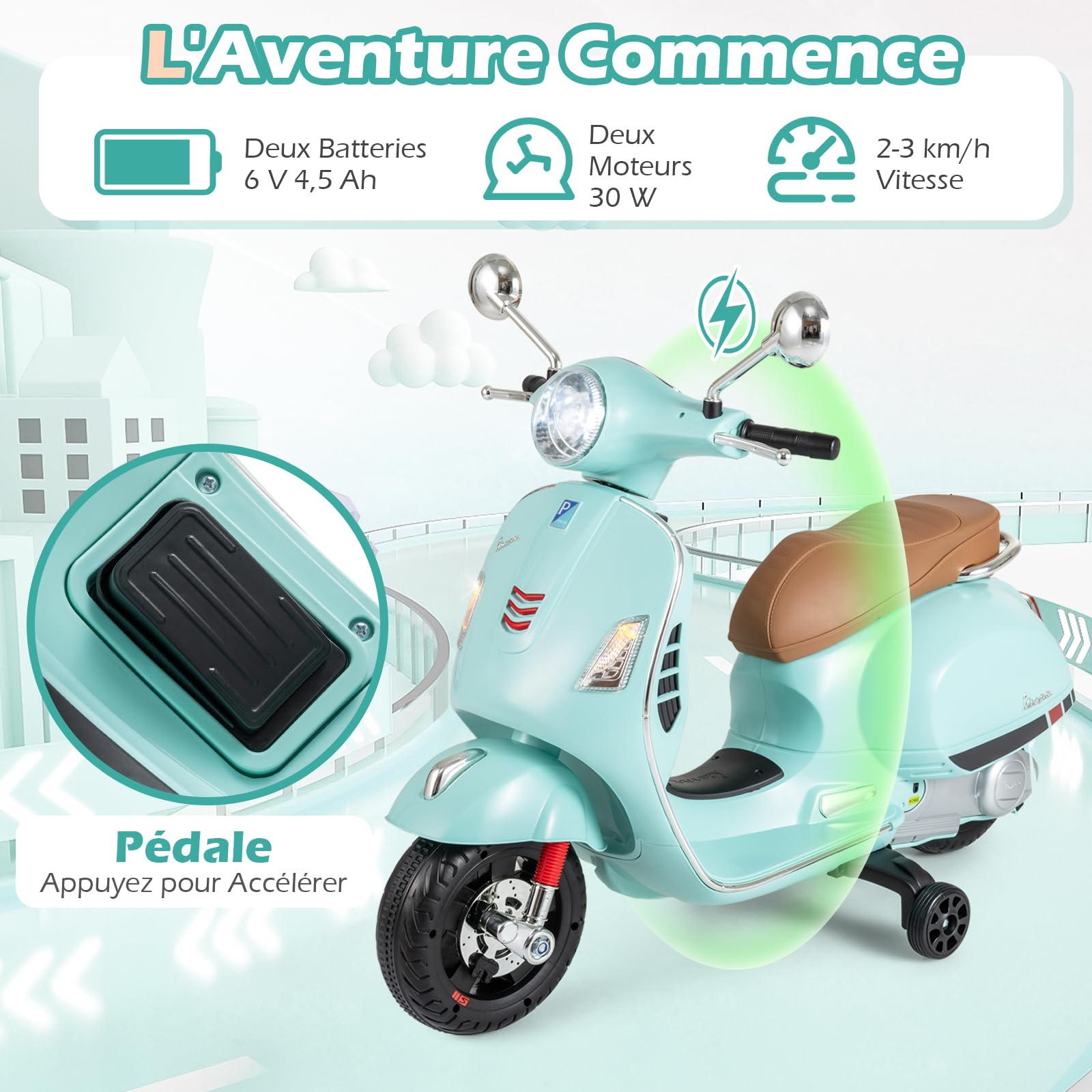 COSTWAY 12V Vespa Moto Électrique Enfant avec Musique Klaxon Histoires Phares LED, Voiture Électrique Enfant avec Roues d'Entraînement Amovibles et Pédale, 2-3 km/h, Charge 30 kg, 3-6 Ans (Vert)