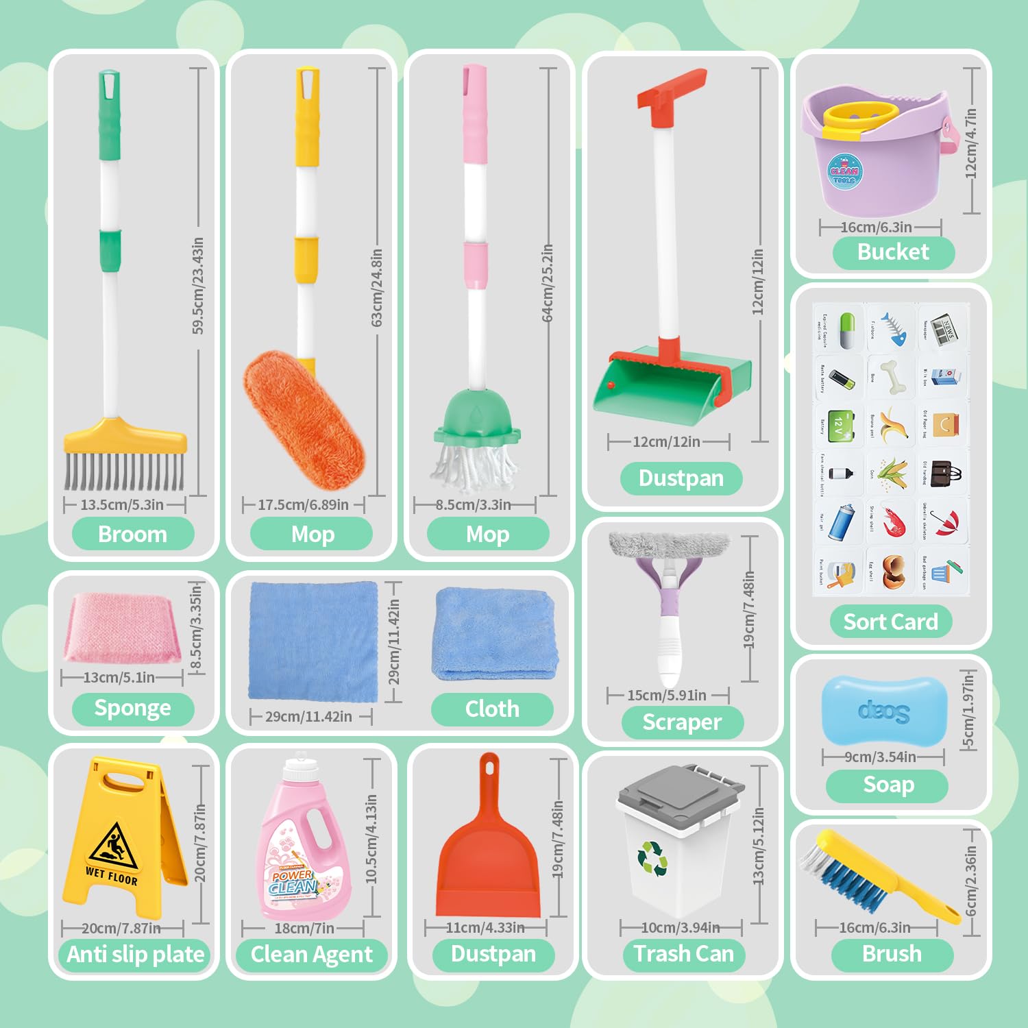15 PCS Putzset für Kinder,Kleinkind Reinigung Spielzeug Set mit verstellbare Mop Besen & Staubkanne Set,Schaufel, Kinder-Reinigungsset für Kleinkinder,Kinderbesen Set Spielzeug für ab 3 Jahren