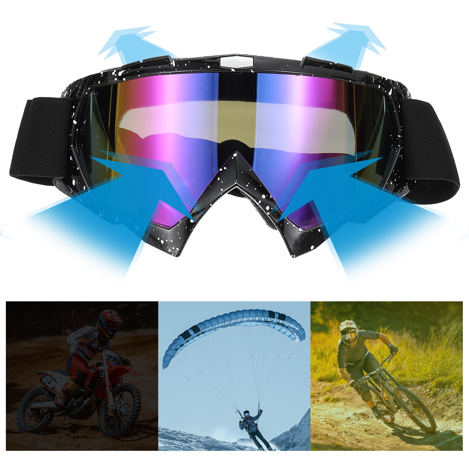 PATIKIL Occhiali Moto Cross, 2Pz Occhiali Moto, Occhiali ATV, Occhiali Sci, Occhiali Casco Corsa, Antivento per Alpinismo, Paracadutismo, Sci, Equitazione, Nero Opaco con Lenti Argento