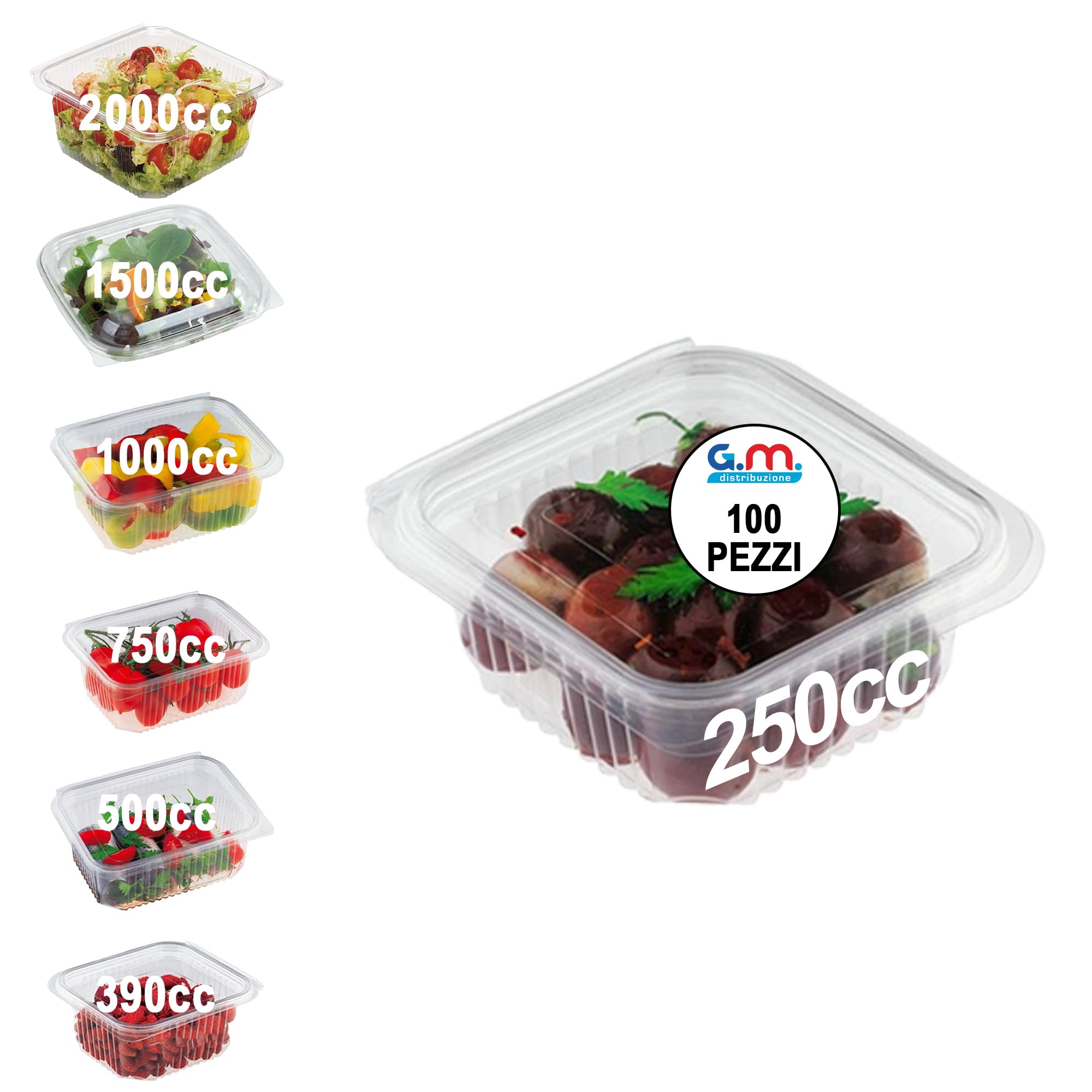 GM – 100 Vaschette Quadrate Trasparenti 1000 cc con Coperchio Attaccato, Contenitori Ermetici in PET Idonei al Contatto Alimentare per Gastronomia, Asporto e Pranzo – 19×15,5×6,5h cm – Made in Italy