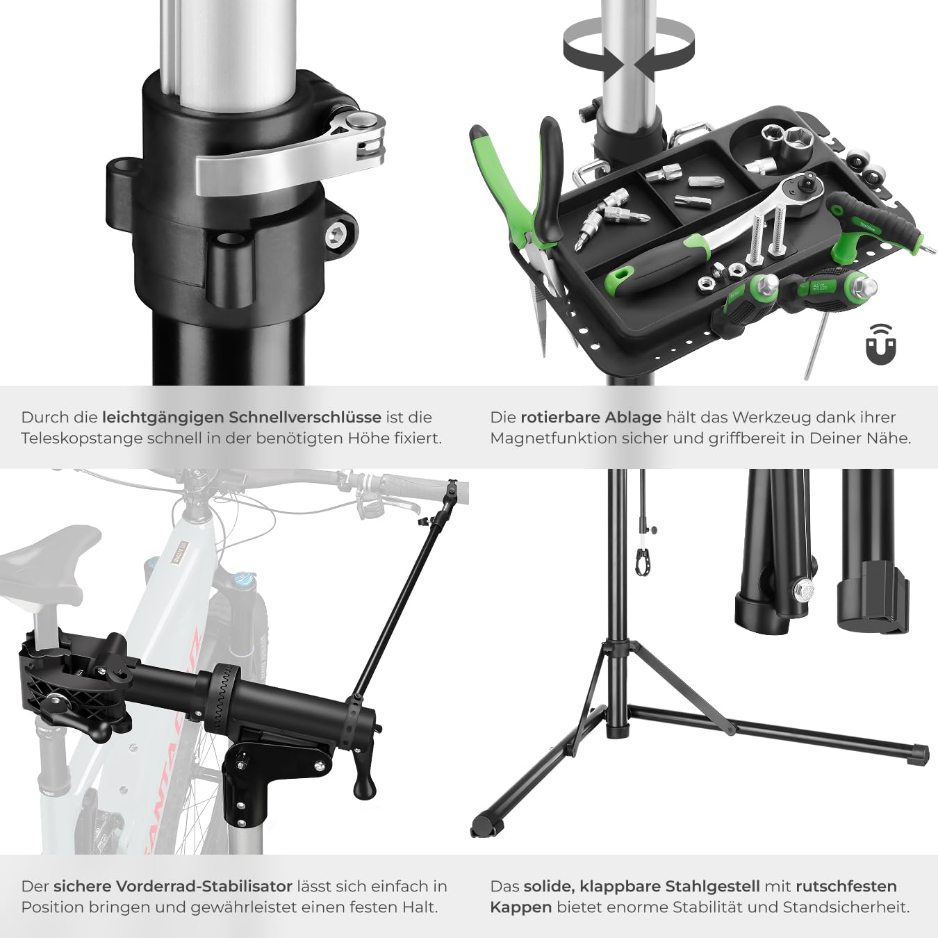 tectake® Fahrrad Set aus Rahmentasche inkl. Touch Fenster und höhenverstellbarem, klappbarem und drehbarem Reparaturständer, für Fahrrad, e Bike, Rennrad, Belastbarkeit bis 50kg - Typ 2