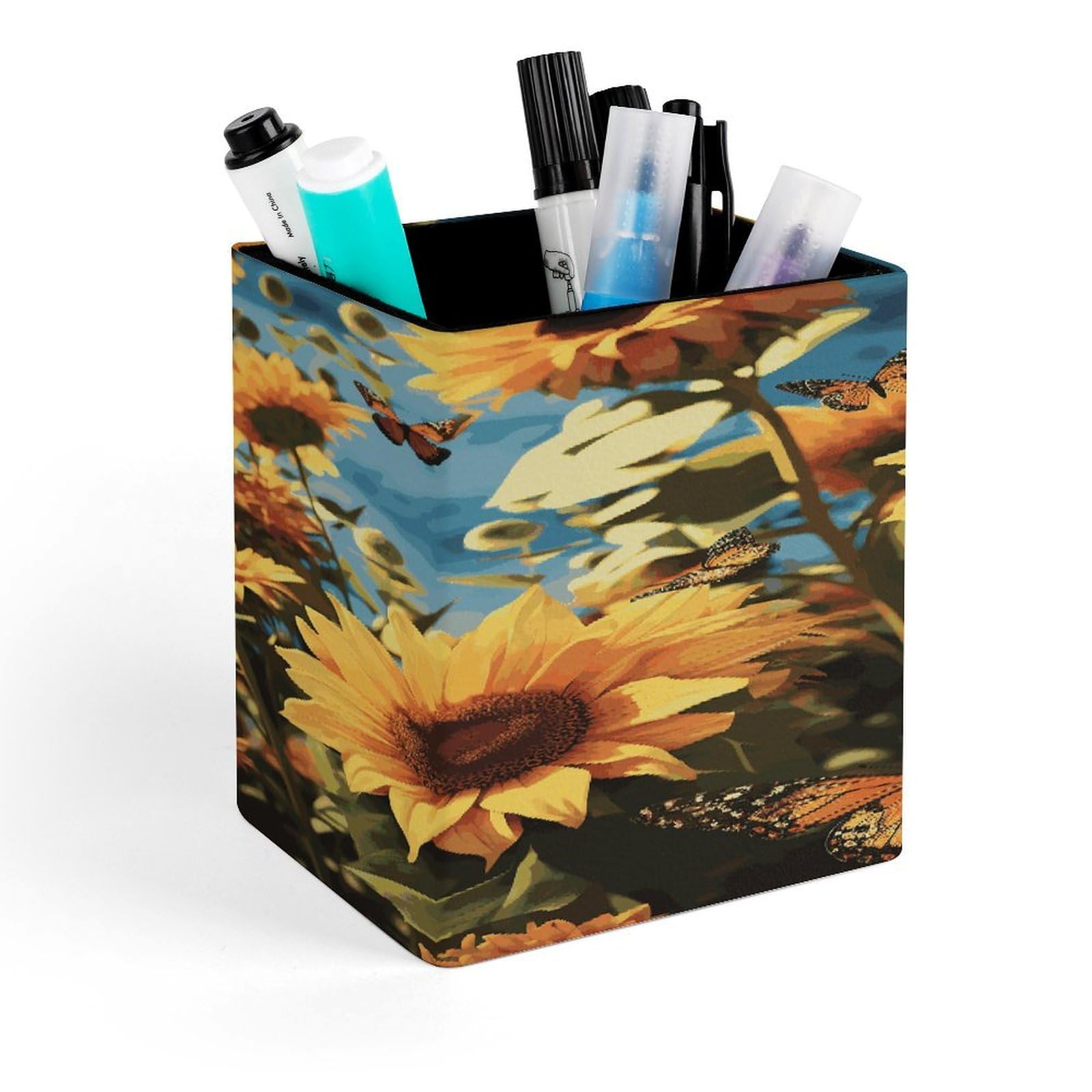 FekiLoot Sunflowers And Butterflies Pen Holder Personalized Desktop Pencil Holders Case Office Accessories Container Box for Square Pen Cup Desktop Organizer Makeup Brush Holder Caddy Storage