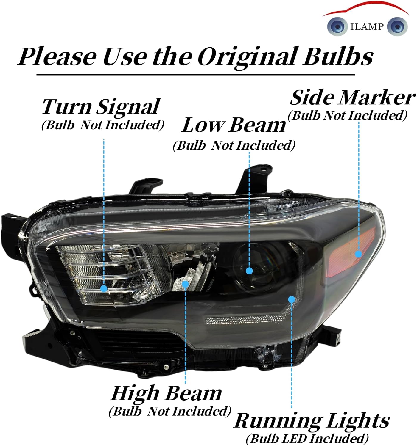 Headlights Fit for 2016-2023 Toyota Tacoma Headlamp with LED (Left Driver+Right Passenger) LH+RH BLACK AM-TCM16A01L+R