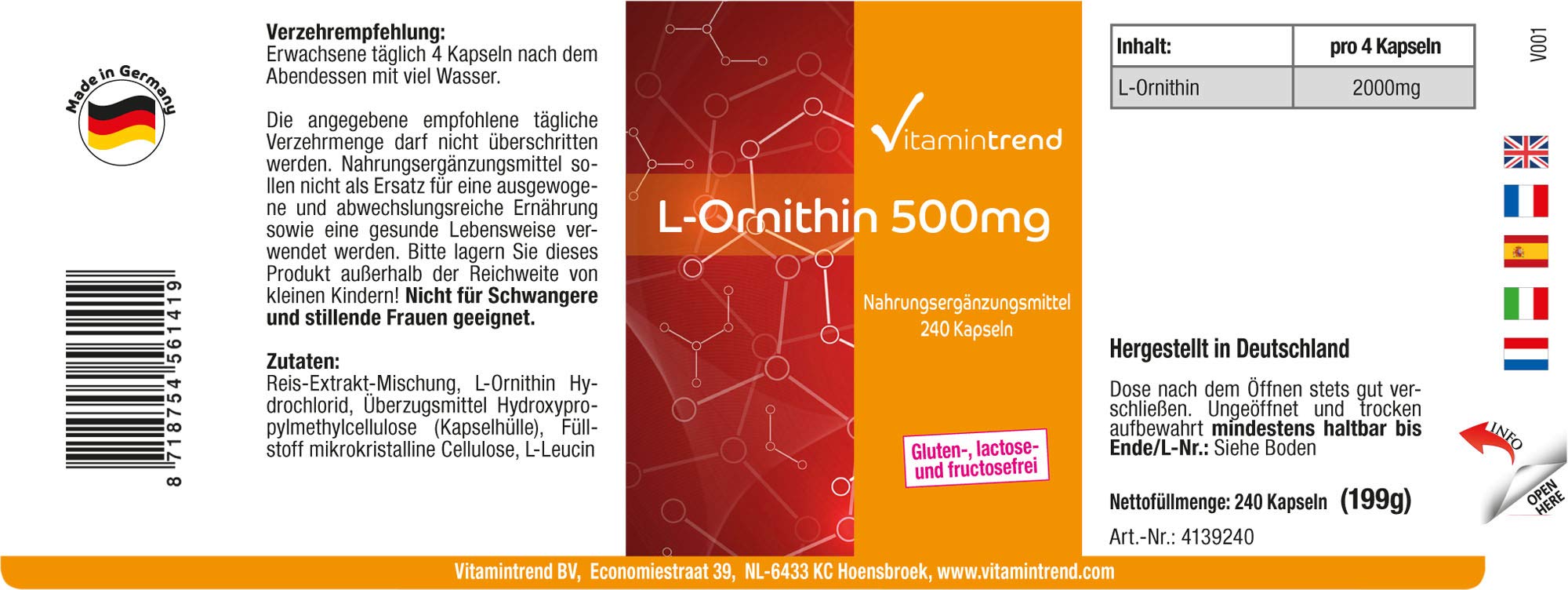 Vitamintrend L-ornithine 500 mg, 240 gélules, hautement dosé, complément alimentaire vegan sans stéarate de magnésium, fabriqué en Allemagne