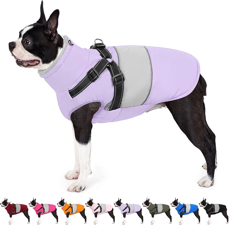 Casaco para Cães AOFITEE com Forro de Fleece, Coleira Integrada e Guia Embutida, Roxo-claro, XS