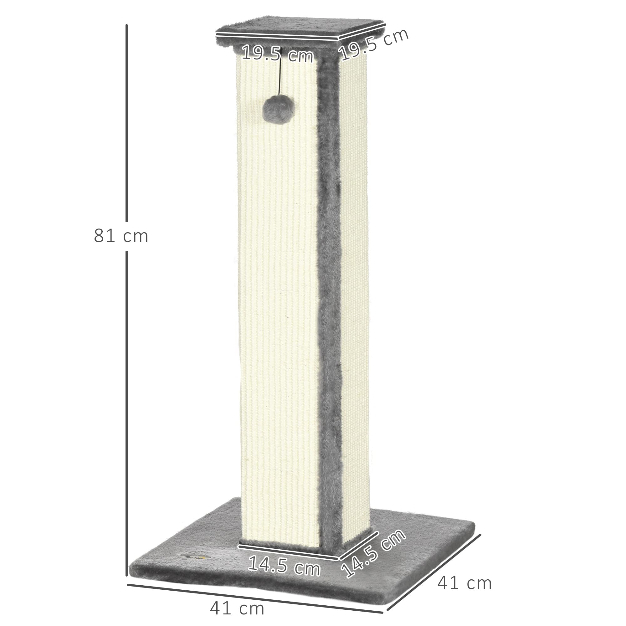 PawHut Tiragraffi per Gatti con Graffiatoio in Sisal 41x41x81 cm Grigio | Pallina Appesa, Albero Tiragraffi per Gattini, Rivestimento in Peluche