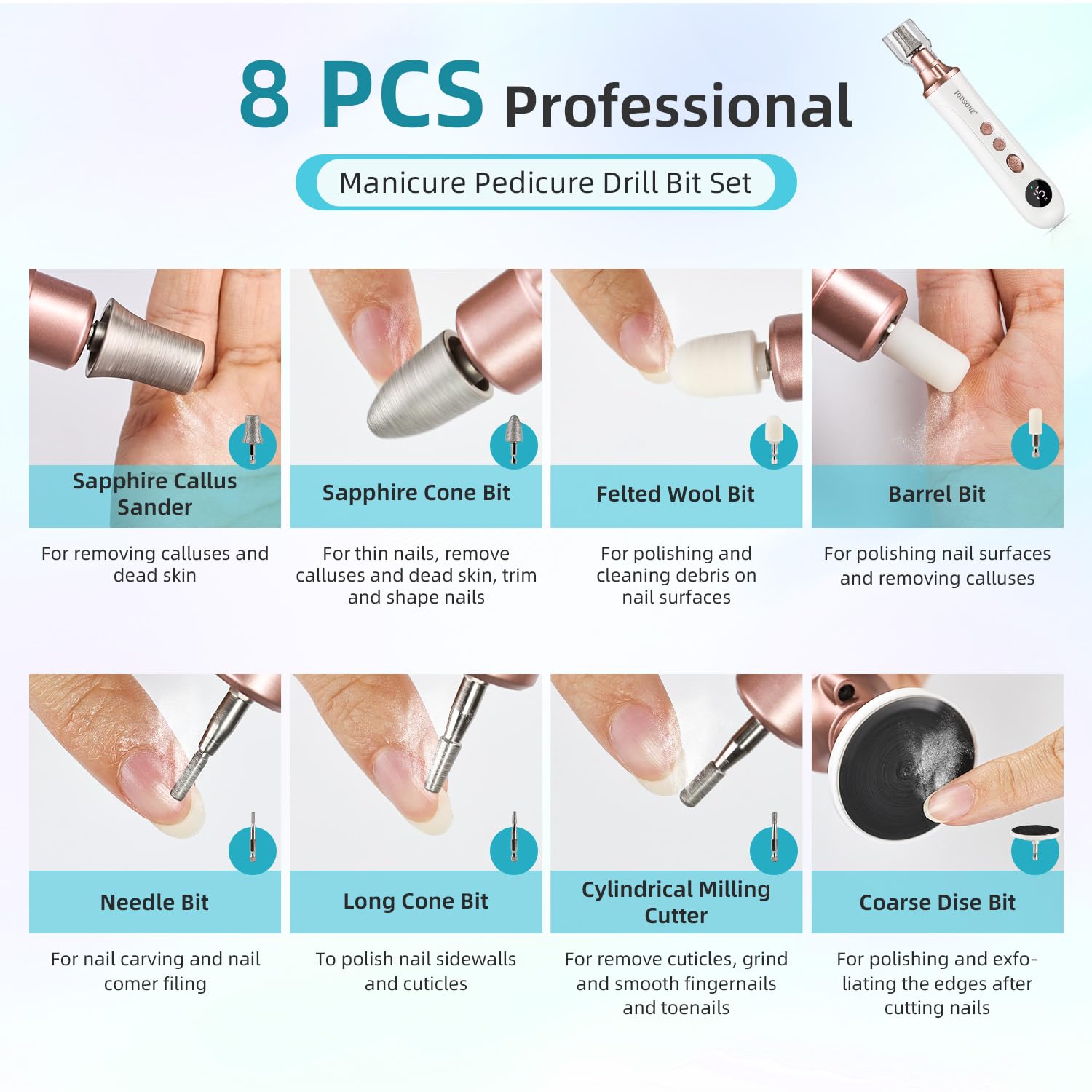 JODSONE Lima Eléctrica para Pies, Quitacallos Eléctrico, Kit Manicura y Pedicura 2 en 1, 15 Velocidades 4500RPM, Exfoliante de Pies Sin Cables para Piel Muerta y Callos Duros