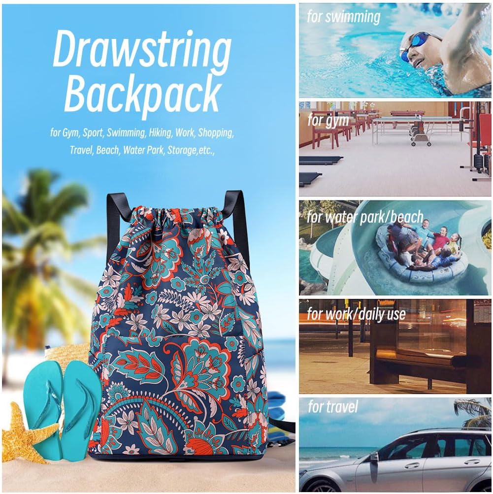 Drawstring Backpack Bag, Waterproof Draw String Back Sack with Zipper Pocket, Gym Drawstring Backpack Swimming Bag for Men Women, Pack of 1, Animal Pattern Printed, Flamingos - Image 2