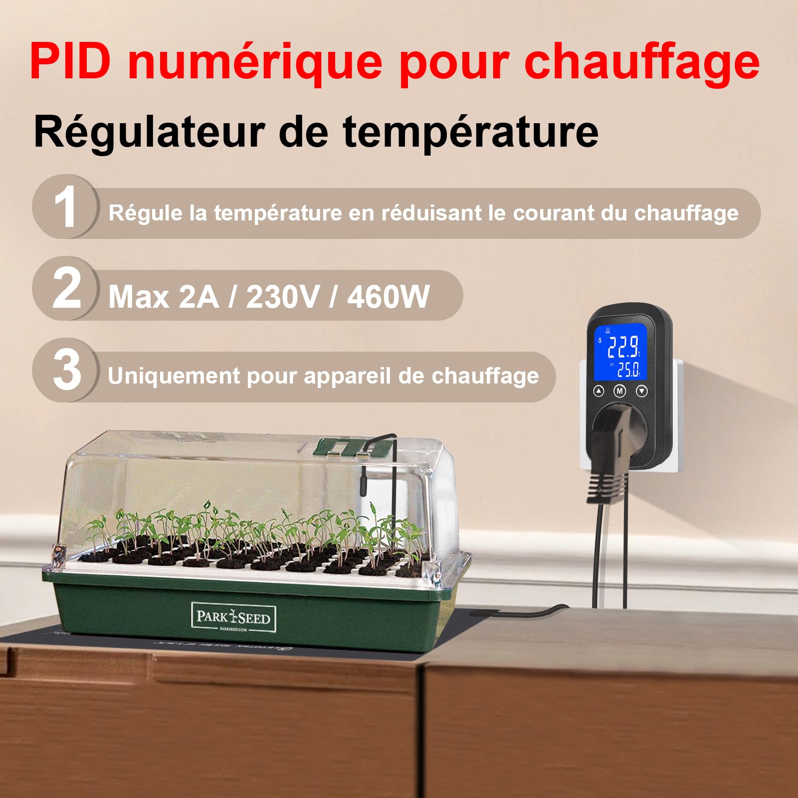 KETOTEK KT2100 Régulateur de température PID Prise Thermostat à Gradation | pour Chauffage pour terrariums, Reptiles, Aquariums, Tapis Chauffants pour Lampes chauffantes, 2A 460W, capteur étanche
