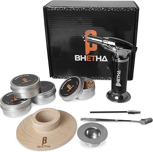 BHETHA-Kit de ahumador de cóctel con antorcha, 4 sabrosos sabores de virutas de madera (manzana, nuez, cereza, roble) para bourbon y whisky,