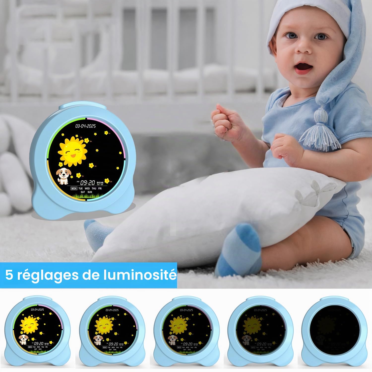 Réveil pour Enfants Soleil et Lune Affichage LED avec Jour et Date OK pour réveil avec veilleuse pour Enfants, Cadeau d'apprentissage du Sommeil pour garçons et Filles (Bleu)