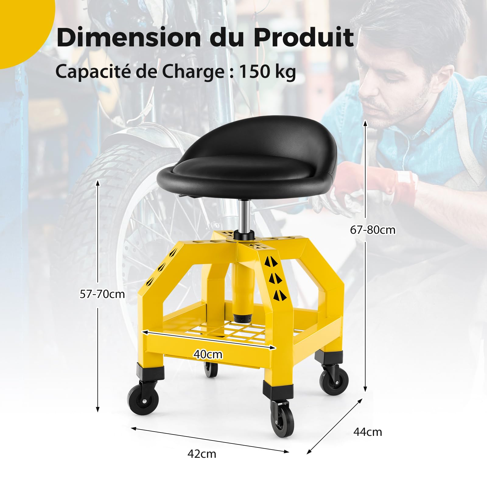 GOPLUS Tabouret d'Atelier à 4 roulettes, Tabouret Servant avec Hauteur Réglable 67-80cm & Plateau à Outils, Charge 150KG, Siège Pivotant pour Garage, Atelier (Jaune)