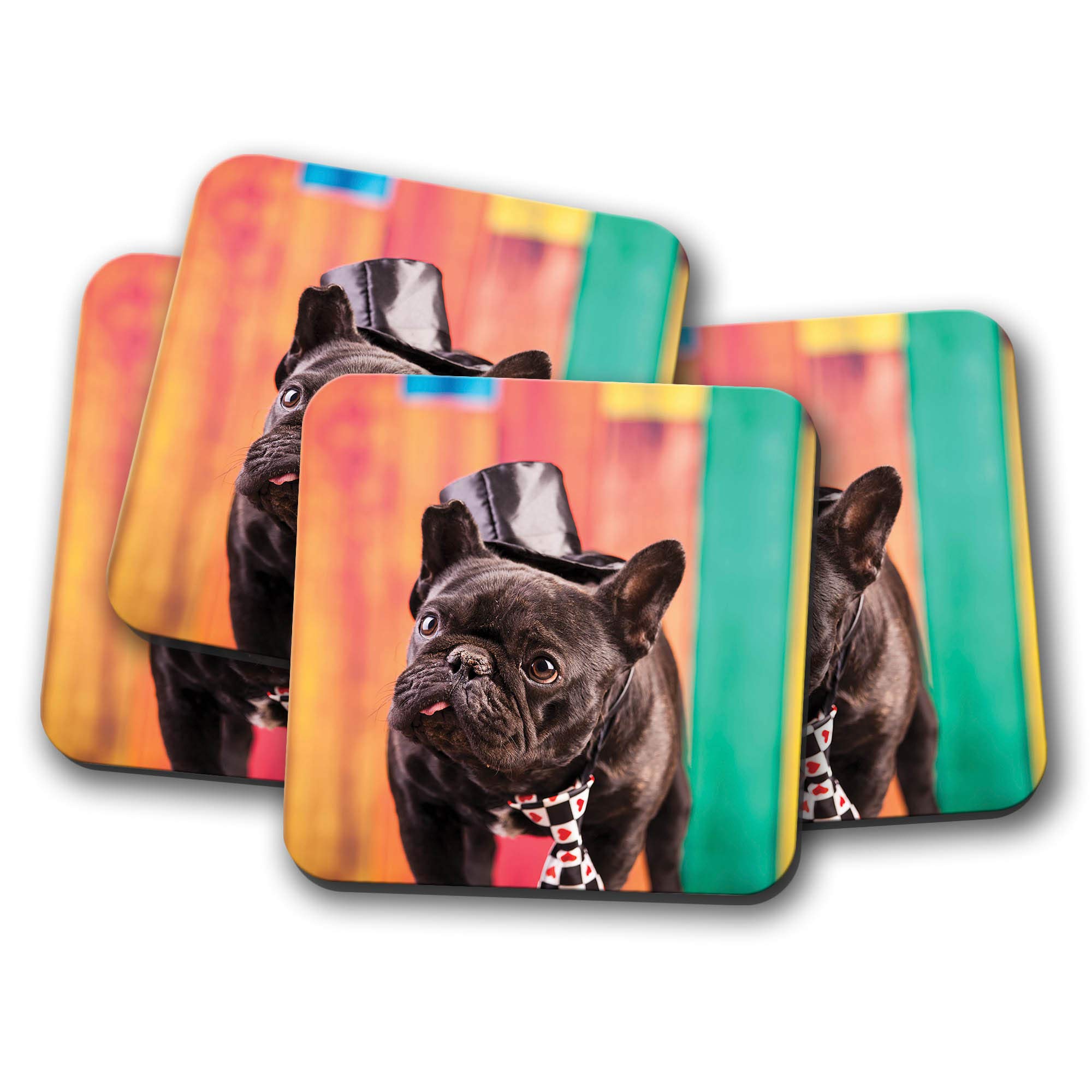 4 Set - French Bulldog Drinks Coaster - Cute Puppy Dog Funny Hat Fun #8495