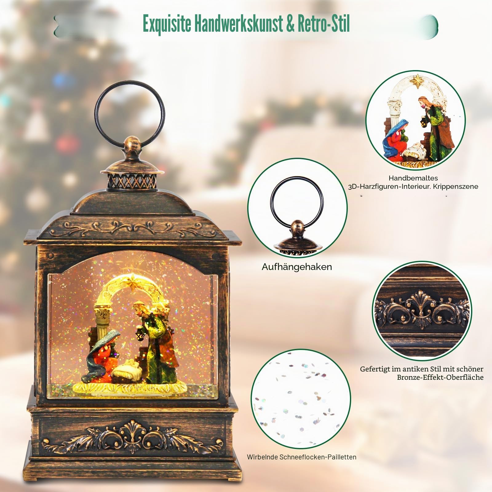 Weihnachtliche Schneekugel Musikspieluhr mit Krippen-Szene | LED Wasserlauflicht Weihnachtsdekoration | 6-Stunden Timer | 21 cm | USB/Batteriebetrieb