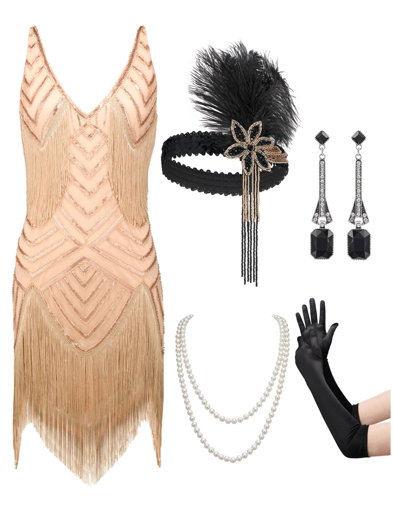 SWEETV Womens 1920s Flapper Dress,V Neck Great Gatsby Fringe Cocktail Dress with 20s Accessories Set-Roaring 20s Costume